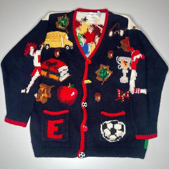 VTG 1993 The Eagle’s Eye Homecoming Cardigan Sweater M Cheerleader School Theme - Picture 1 of 12
